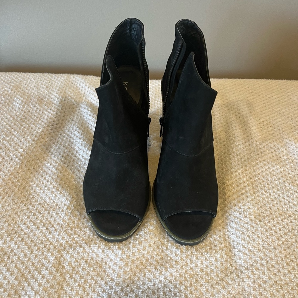 KBD Real Suede chunky open toe heels ankle boots, size 8